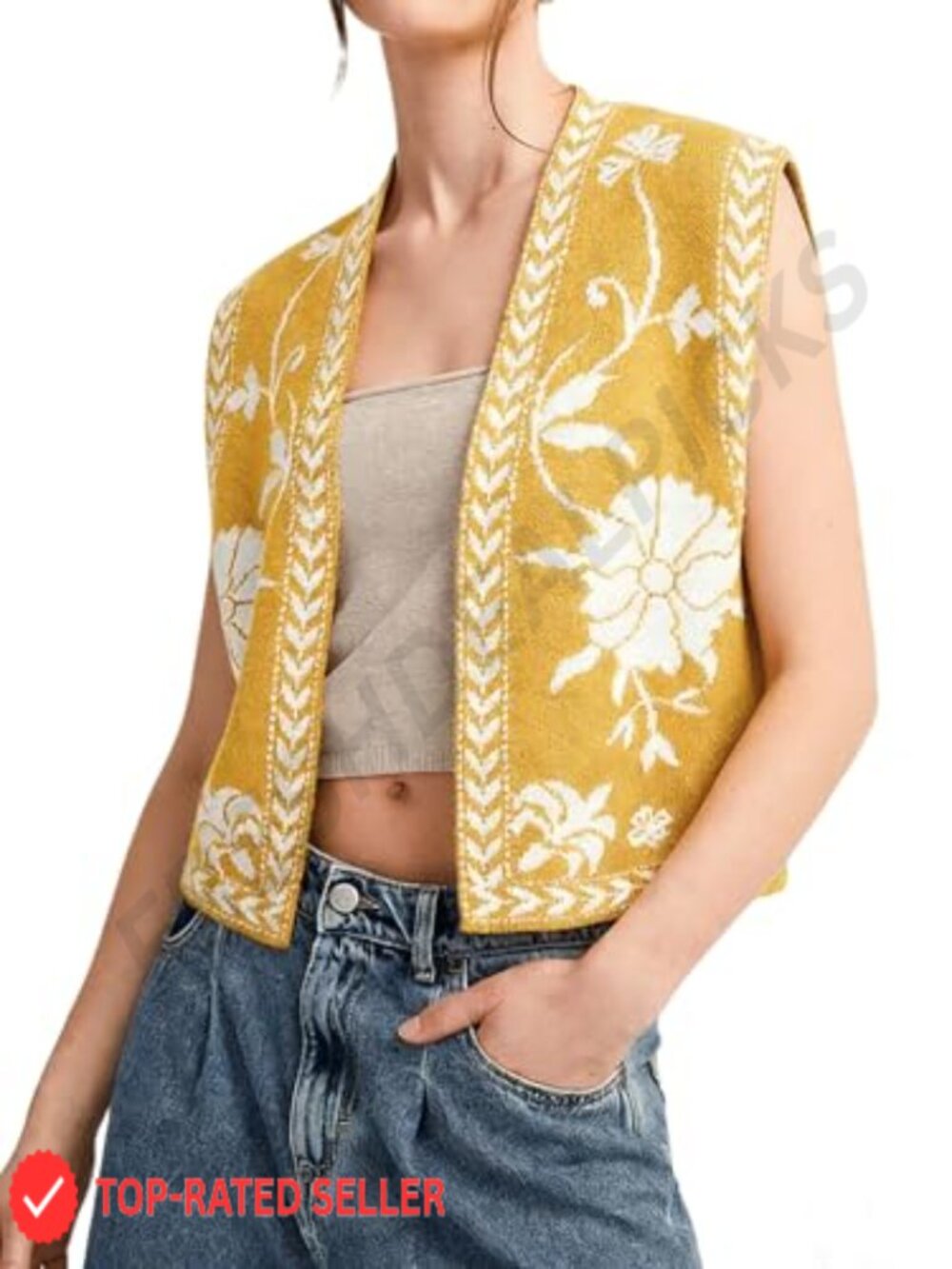Womens Floral Sleeveless Knit Vest Boho Cropped Cardigan Acrylic